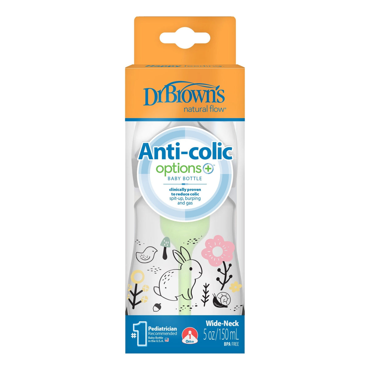 DrBrown's - Anti-Colic Op+ Wide Neck - Baby Bottle - With Leve 1 Teat - 150ML - Woodland Bunny