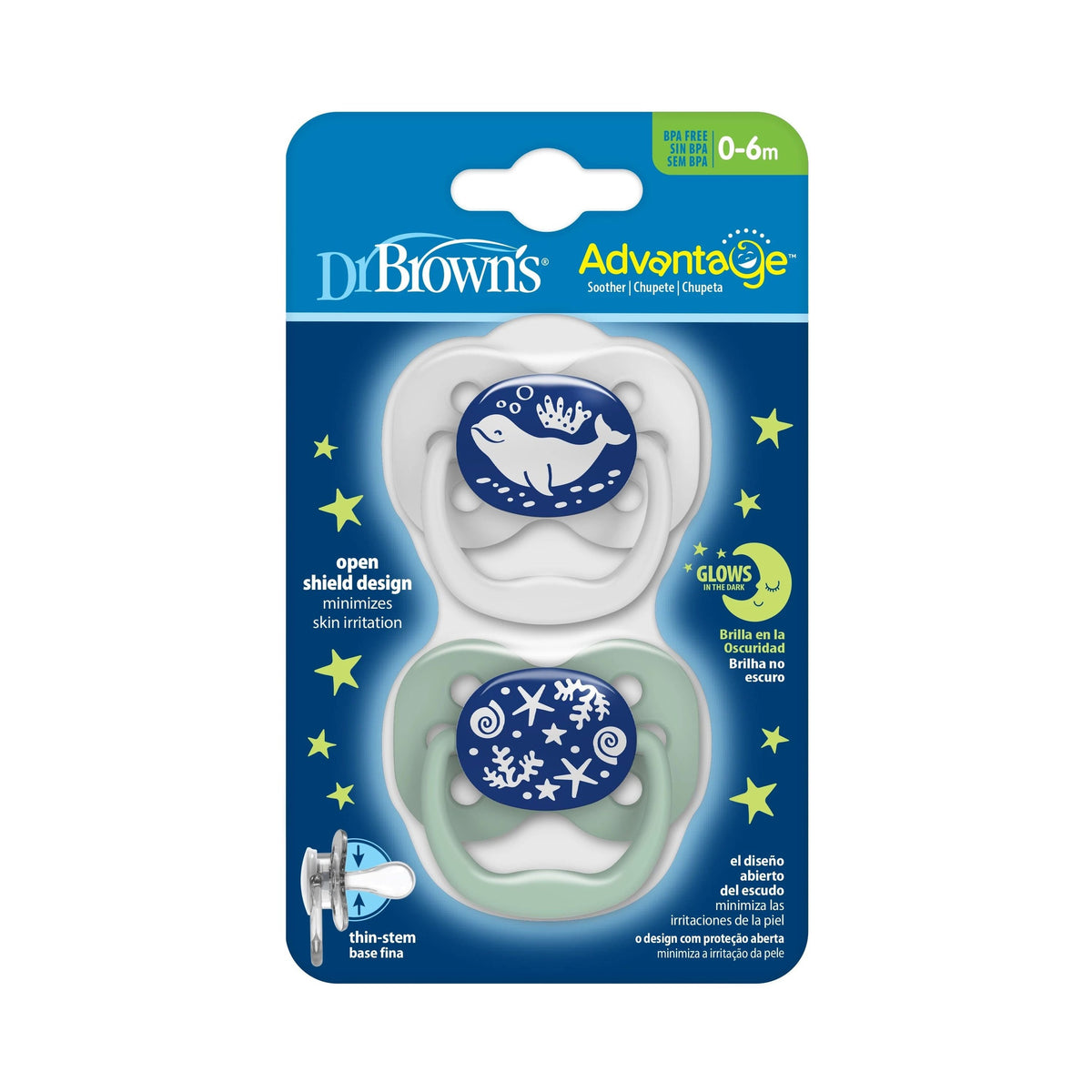 DrBrown's - Advantage Soother Glow In The Dark - Stage 1 (0-6m) - 2pack - Blue Ocean