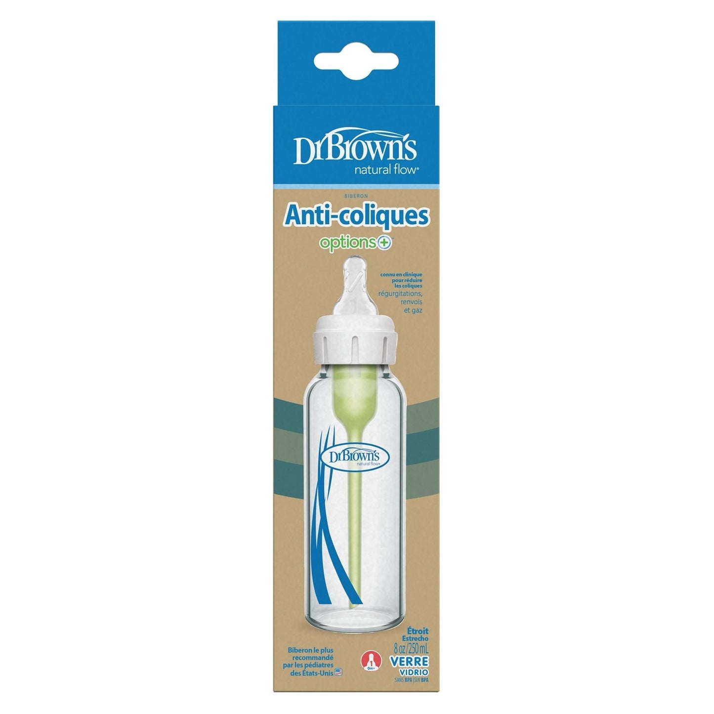 DrBrown's - Anti-Colic Op+ Narrow - Natural Flow - Glass Baby Bottle - 250ML - With Level 1 Nipple - Slow Flow