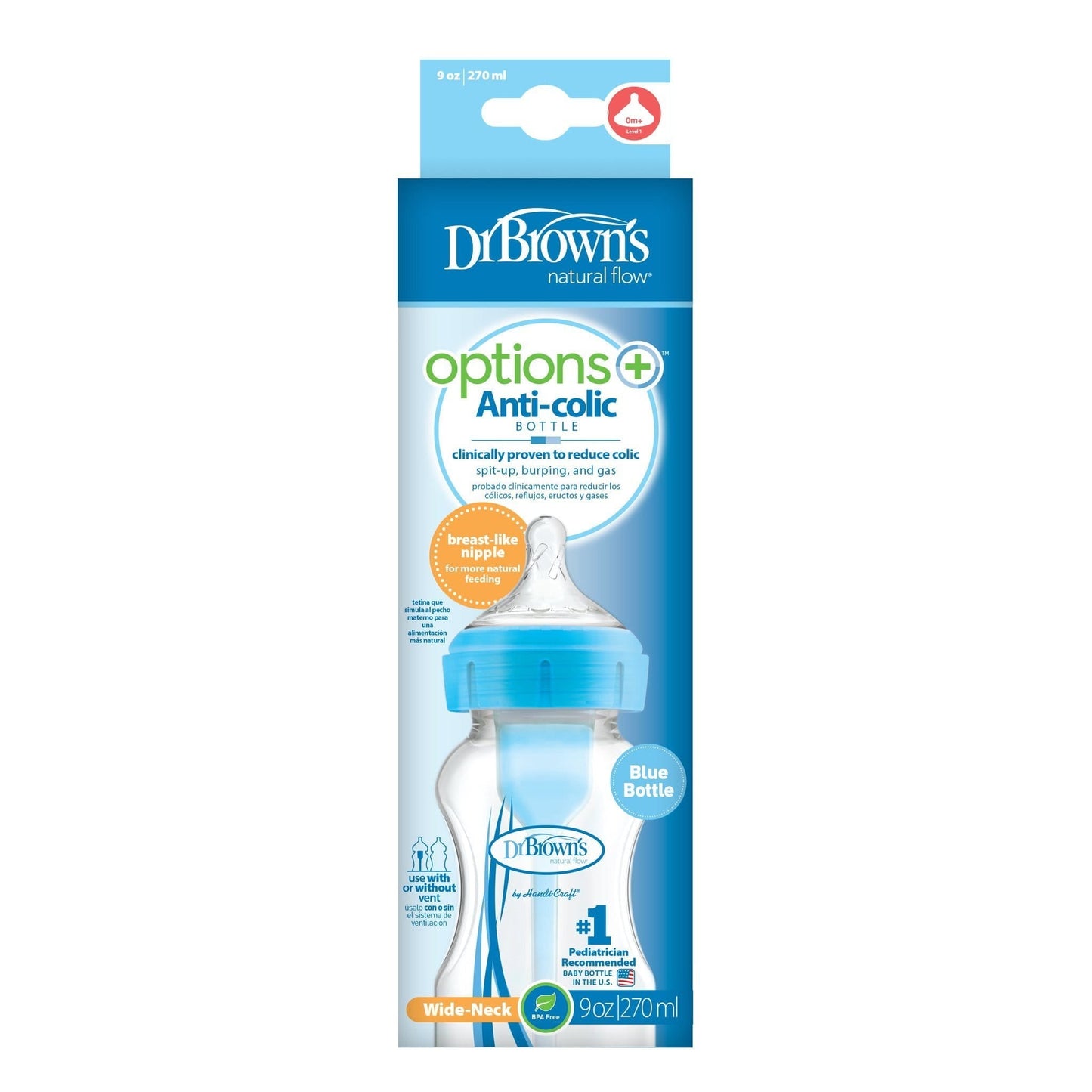 DrBrown's - Op+ Anti-Colic Wide Neck - Baby Bottle With Level 1 Teat - 270ML - Blue