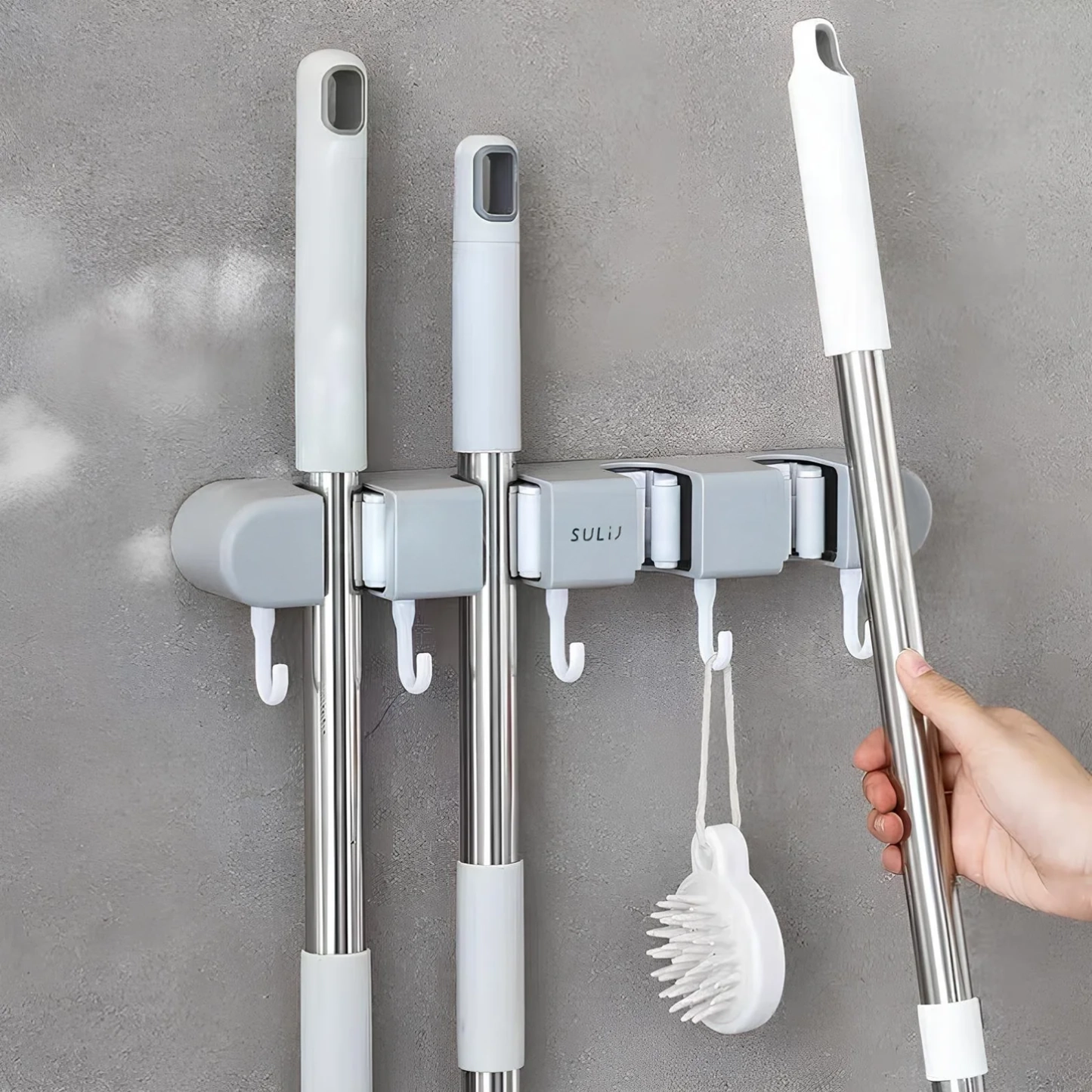 Wall Mounted Mop Holder w/ Hooks | رف تعليق للمماسح مع تعاليق - Medaid International