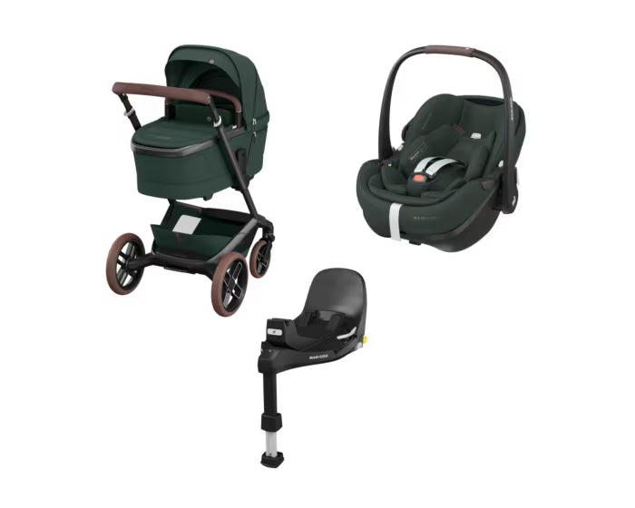 Maxi-Cosi - Fame (Twillic Green) - 4pcs Bundle Fame Stroller & Carrycot Pebble360 Car Seat FamilyFix 360 Pro Base. - Travel System