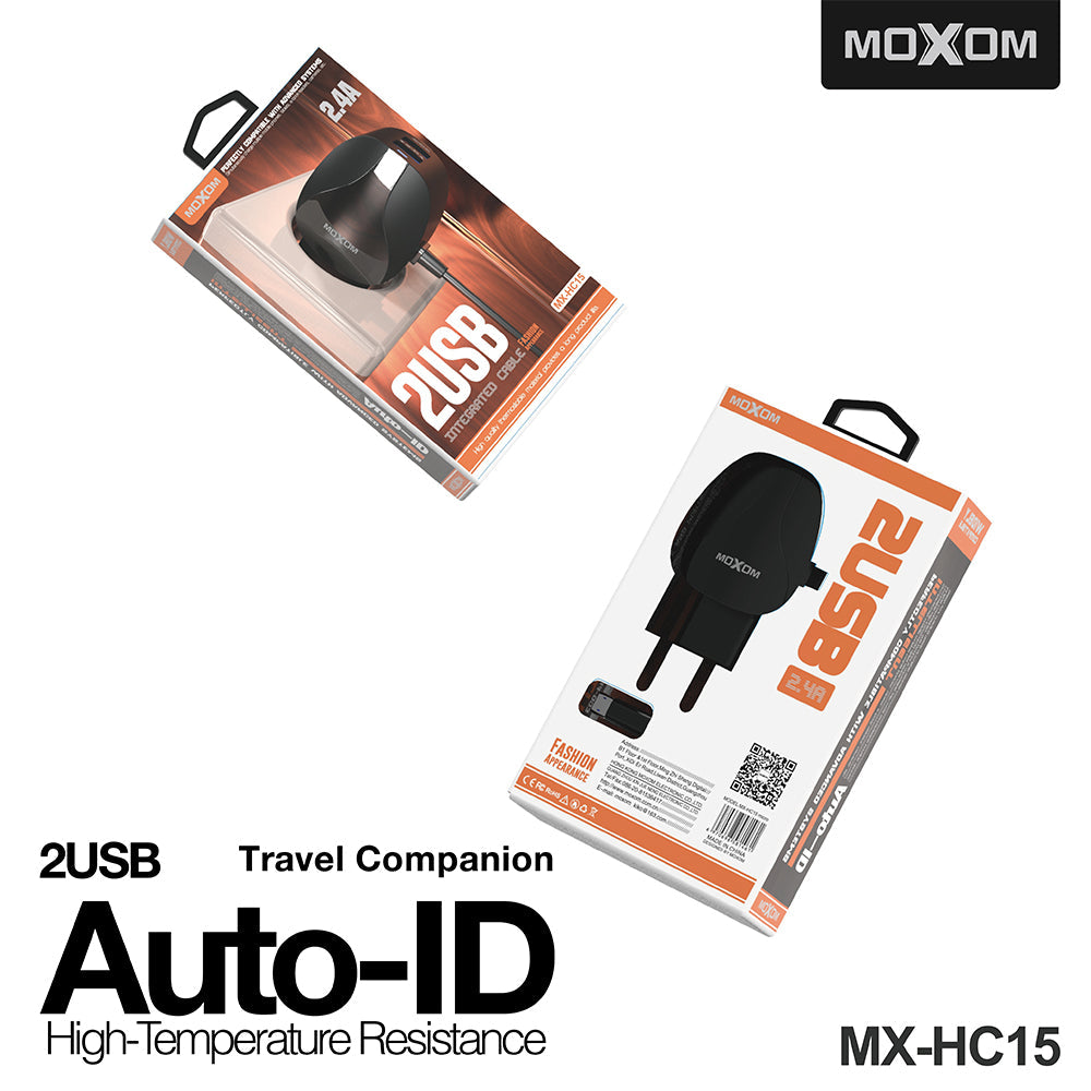 Moxom MX-HC15 Charger, 2.4A, two fast ports, with Built-in Cable