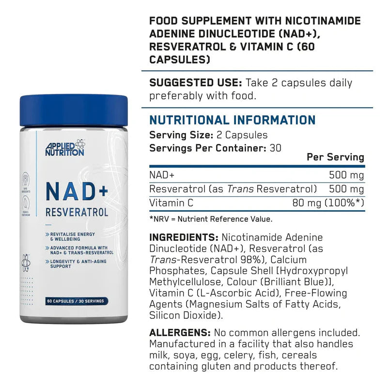 Applied Nutrition NAD+ Resveratrol 60 Capsules (30 Servings)