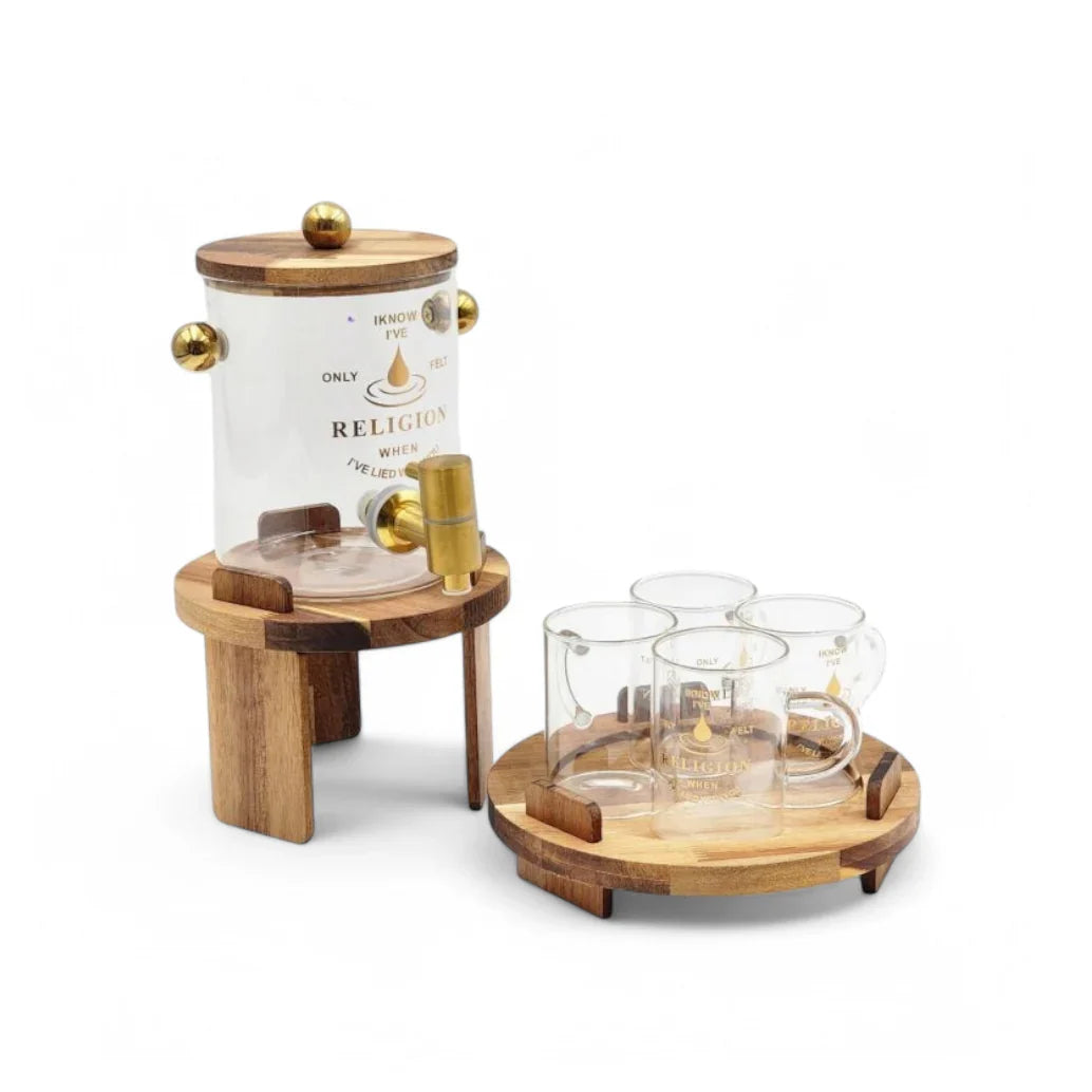 Dispenser Set with Bamboo Stand & Glass Mugs