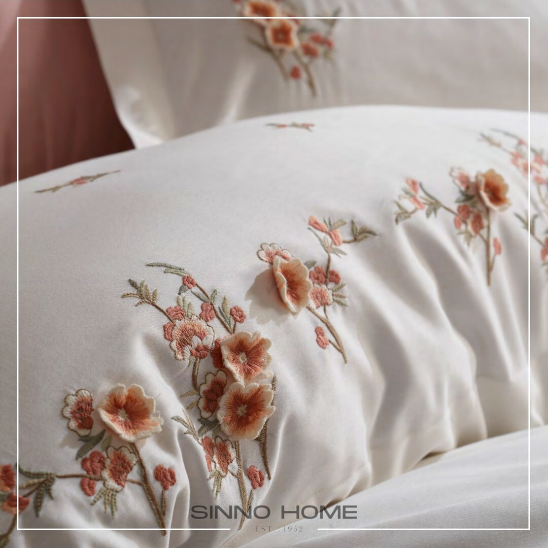 FELINDA ecru - Cotton Satin Embroidered Duvet Cover Set Double