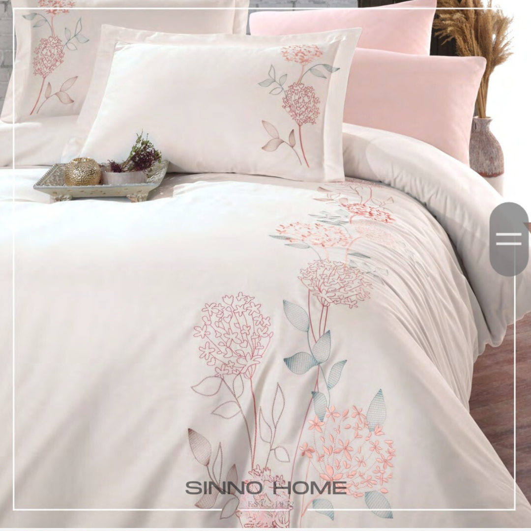 CAMELIA ekru - Cotton Satin Embroidered Duvet Cover Set Double
