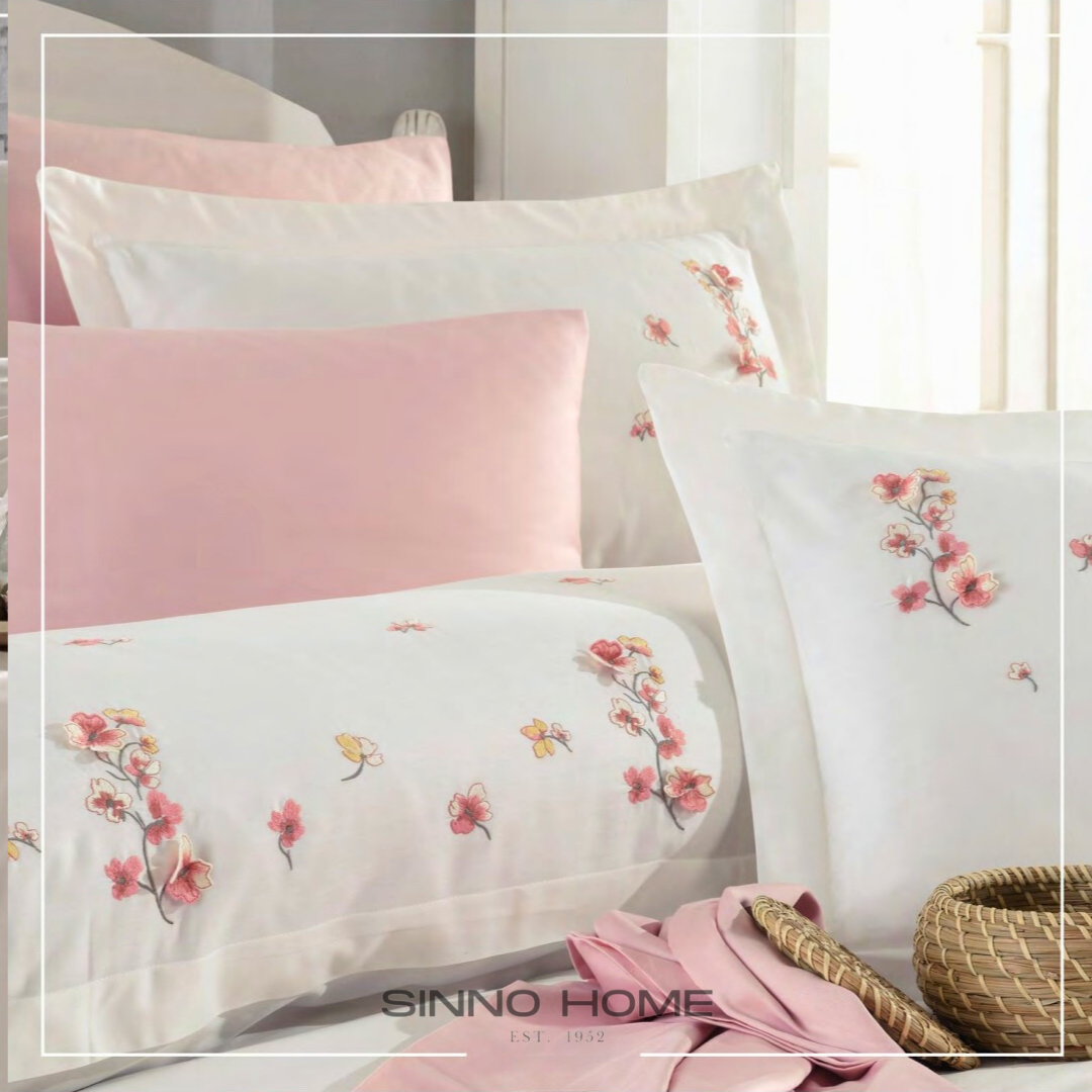 BUENA ekru - Cotton Satin Embroidered Duvet Cover Set Double