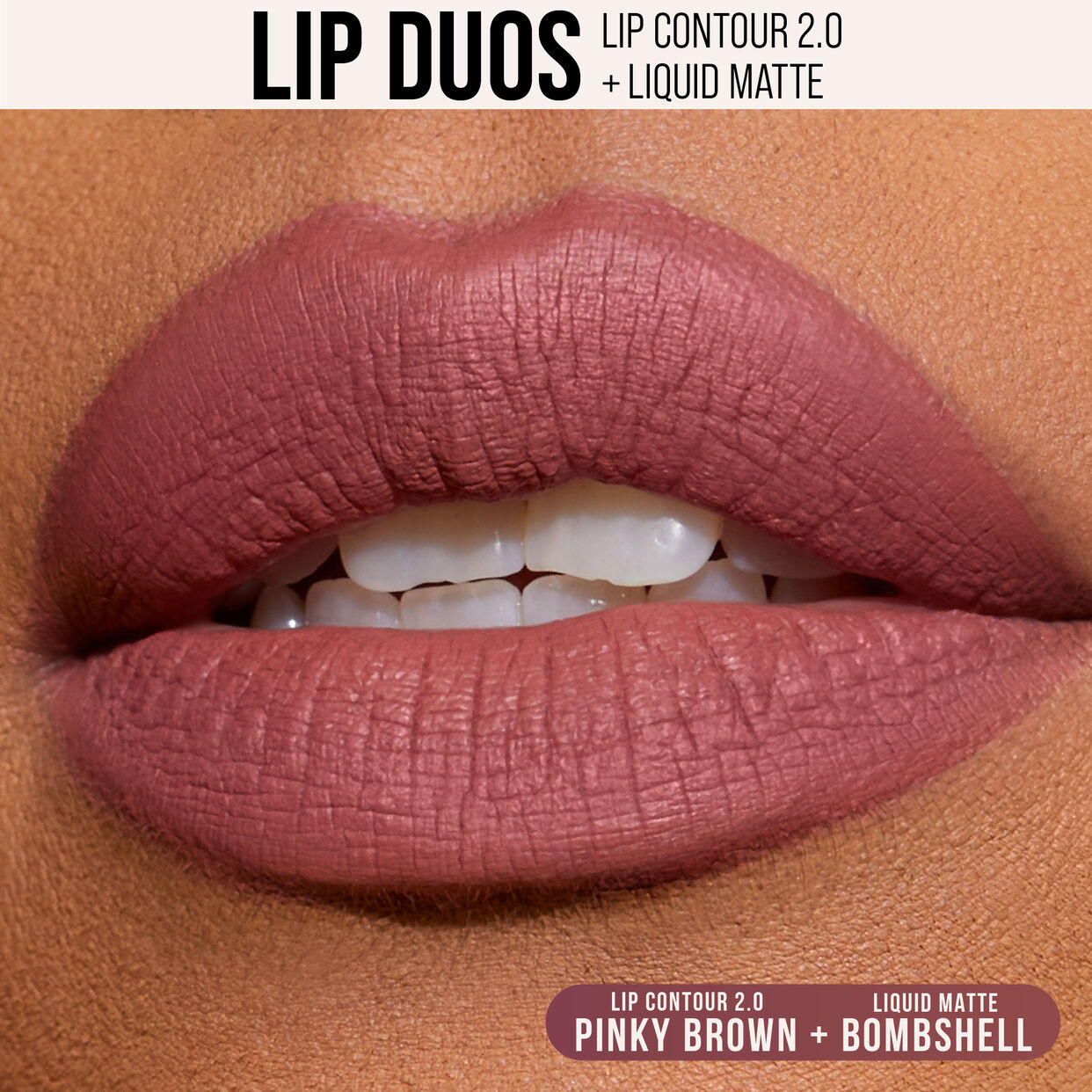 HUDA BEAUTY BOMBSHELL LIP DUO - LIP CONTOUR 2.0 BOMBSHELL PINKY BROWN AND BOMBSHELL LIQUID MATTE -
