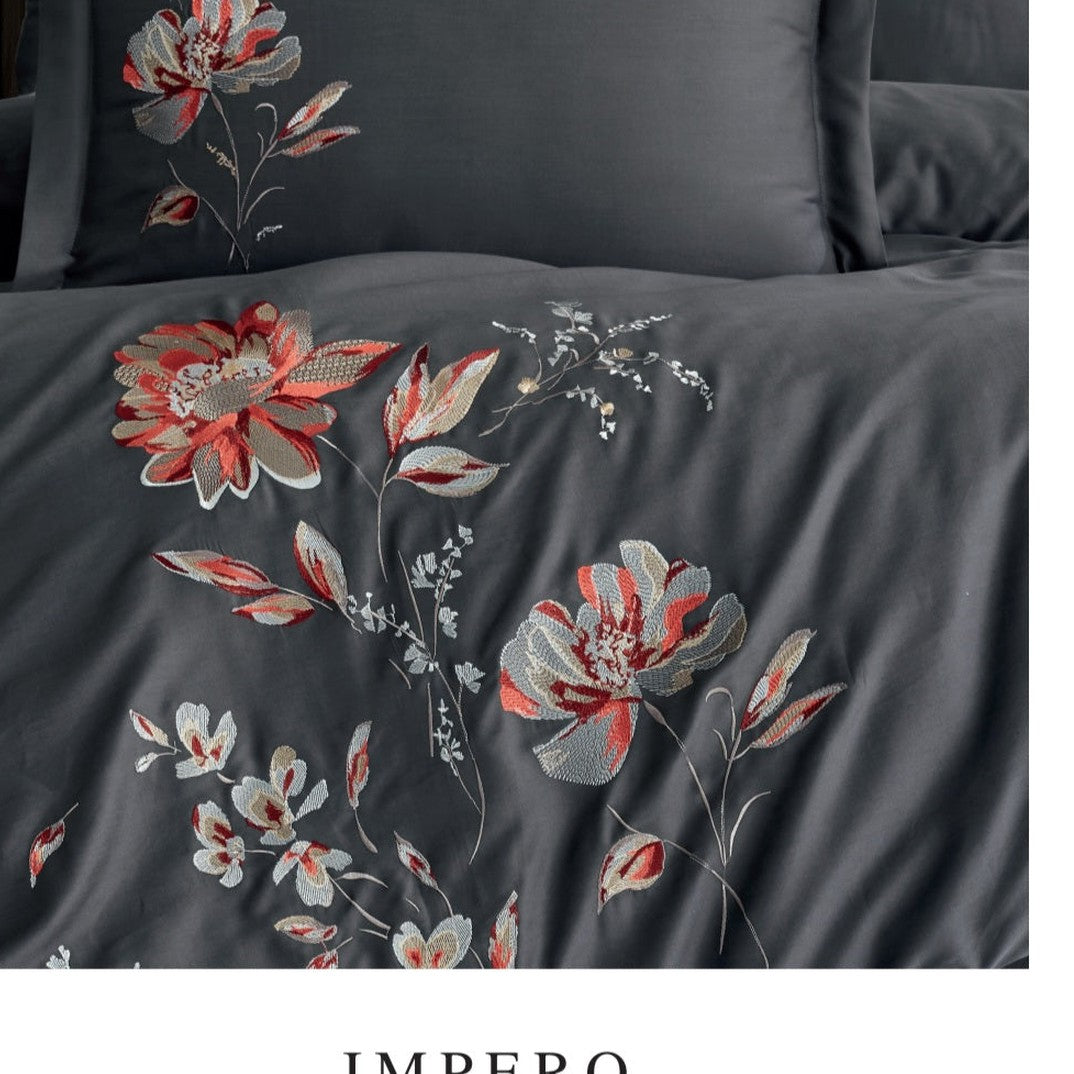 IMPERO grey - Cotton Satin Embroidered Duvet Cover Set Double
