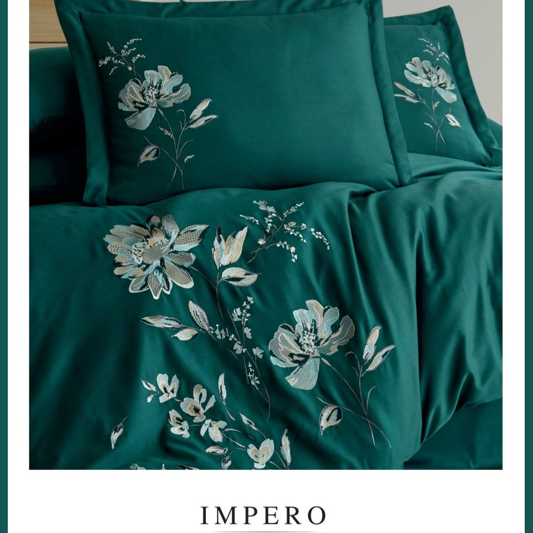 IMPERO green - Cotton Satin Embroidered Duvet Cover Set Double