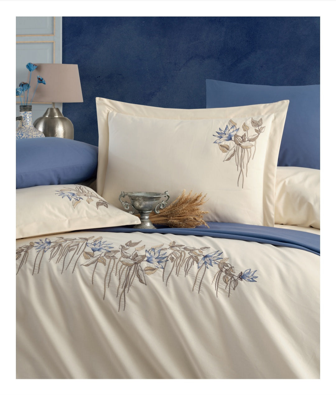 Poplin Double size 3d Embroidered Duvet Cover Set ABELIA champagne