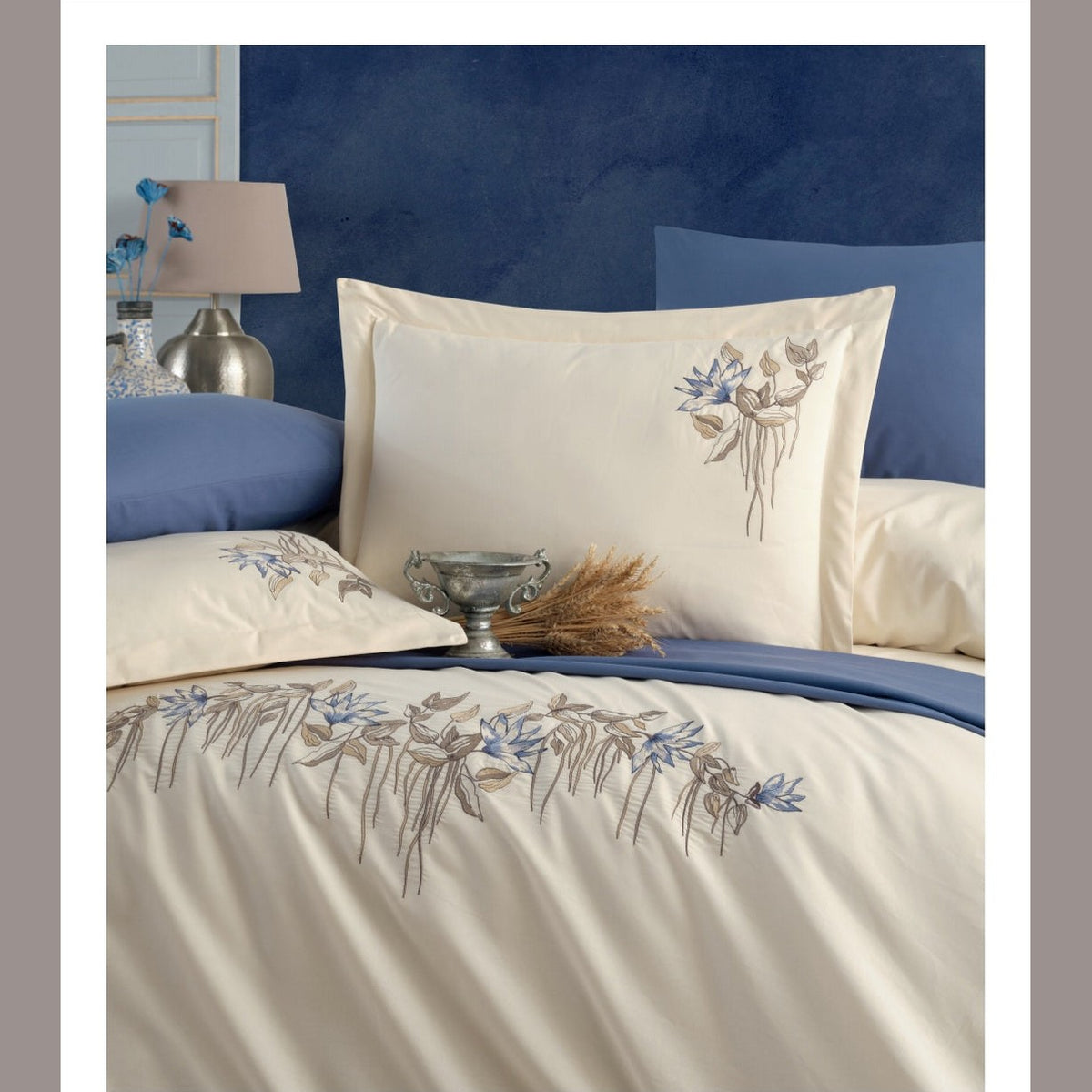 Poplin Double size 3d Embroidered Duvet Cover Set ABELIA champagne
