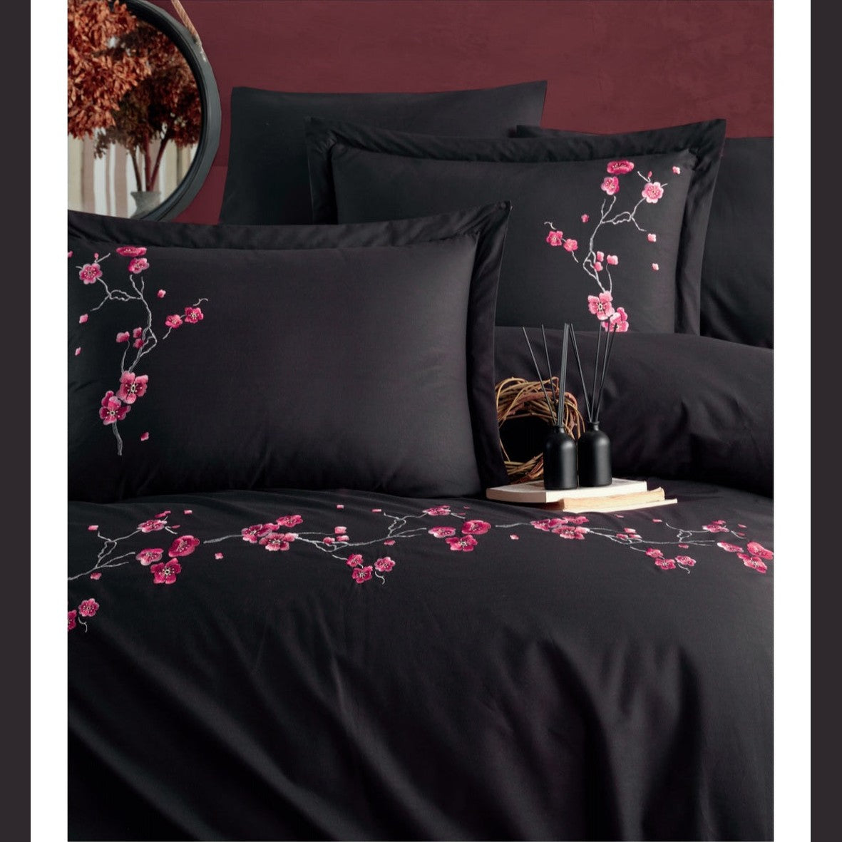 Poplin Double size 3d Embroidered Duvet Cover Set SAKURA Black