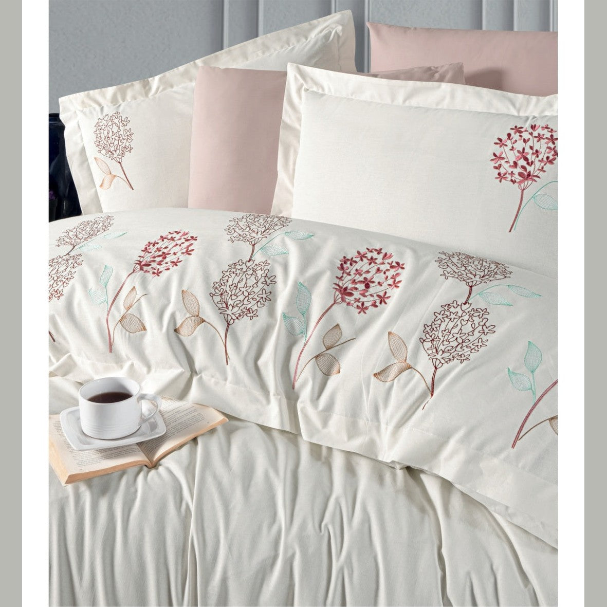 Poplin Double size 3d Embroidered Duvet Cover Set CAMELIA Ecru