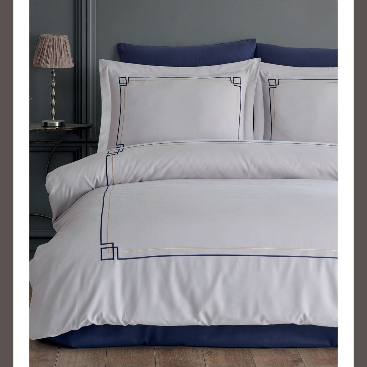Poem Navy- Cotton Satin Embroidered Duvet Cover Set Double