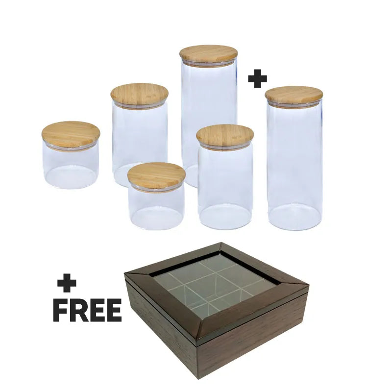 Testa set of 6 Food Canisters 1500, 1000 & 500ml + FREE Wood/Glass Tea Box