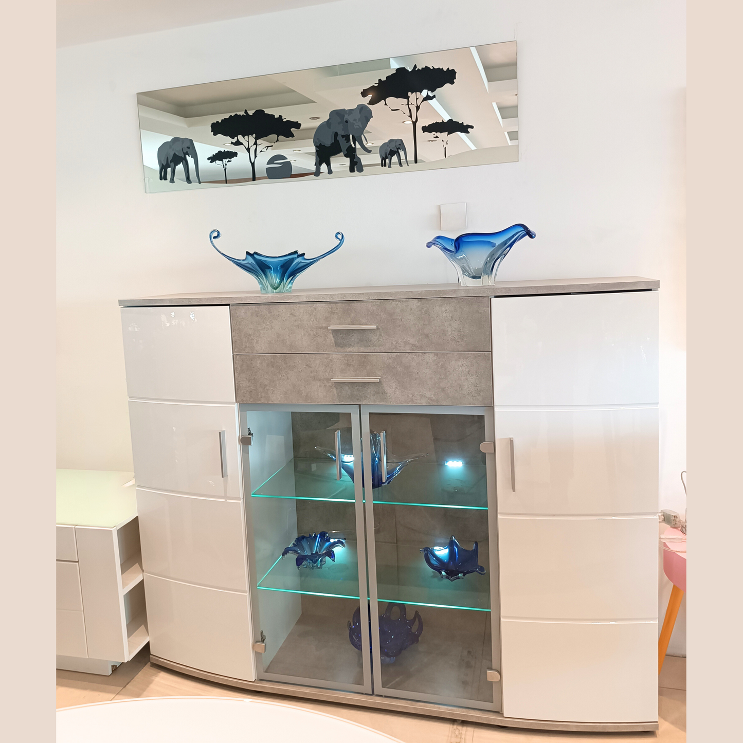 BegaBega Jam Highboard – Premium German High-Gloss White & Stone Grey Cabinet with LED Lighting