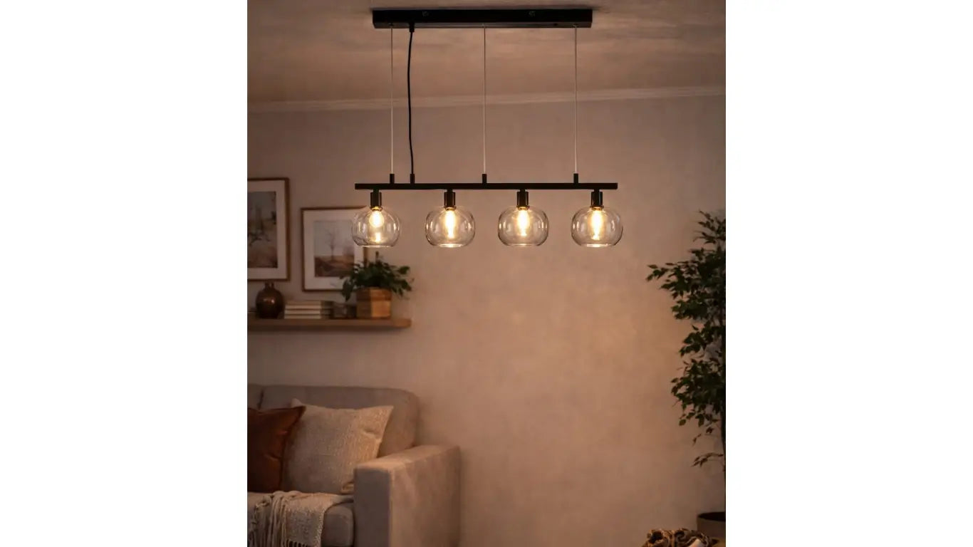 Nino Germany Ella 4-Light Pendant Lamp – Black Metal Hanging Light with Globe Glass Shades