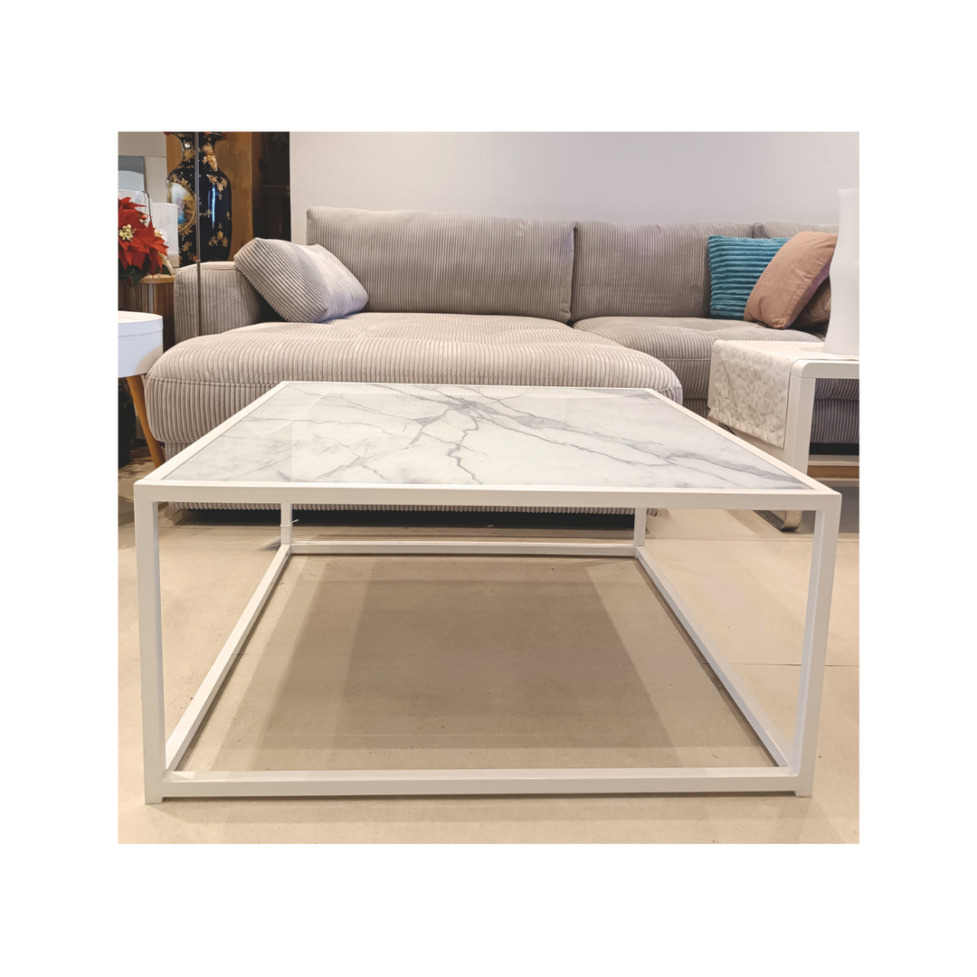 Nevia 2 -White Glass Marble Look Square Table By Reality