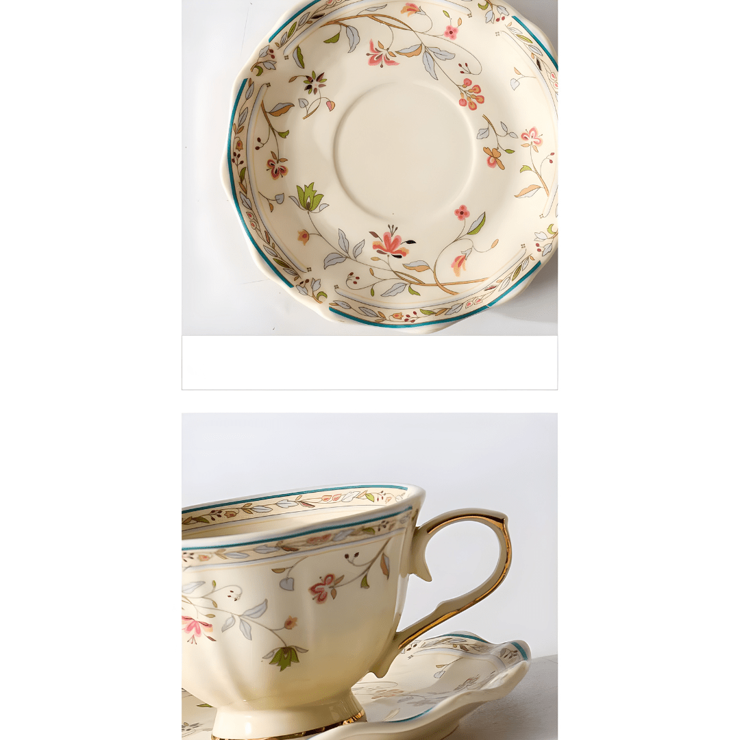 European Retro Ceramic Coffee Cup & Saucer – 250ml, Gold-Edged Floral Design