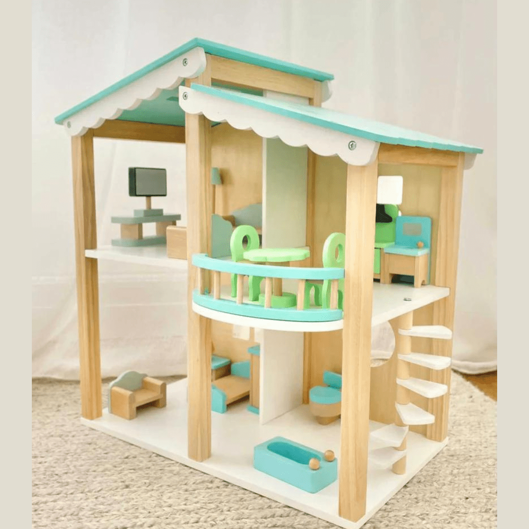 Wooden Villa Dollhouse with Furniture – 2-Story Playhouse for Kids (48×48×31cm)