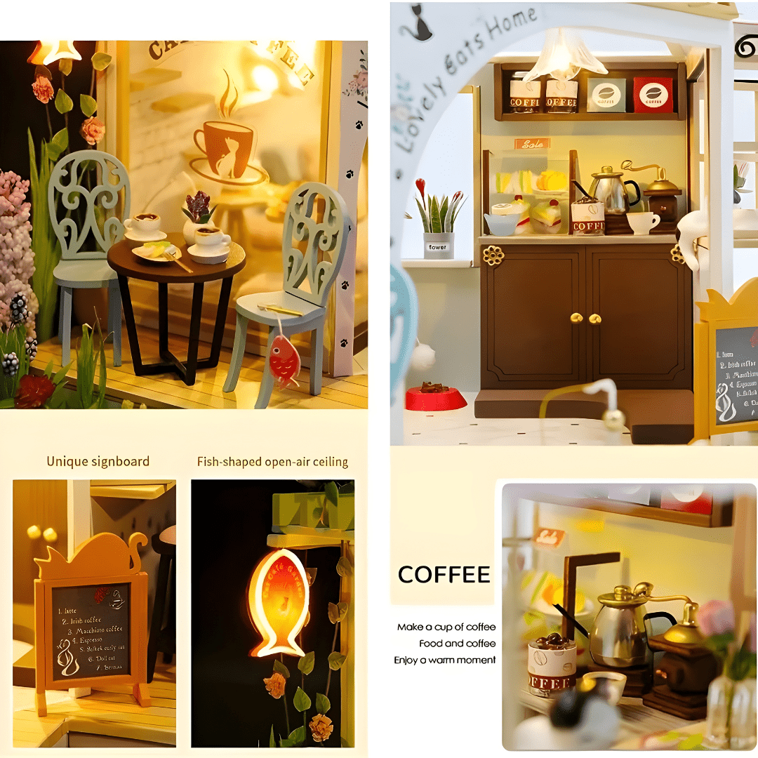 DIY Miniature Cat Café Garden – LED, Music & Dust Cover
