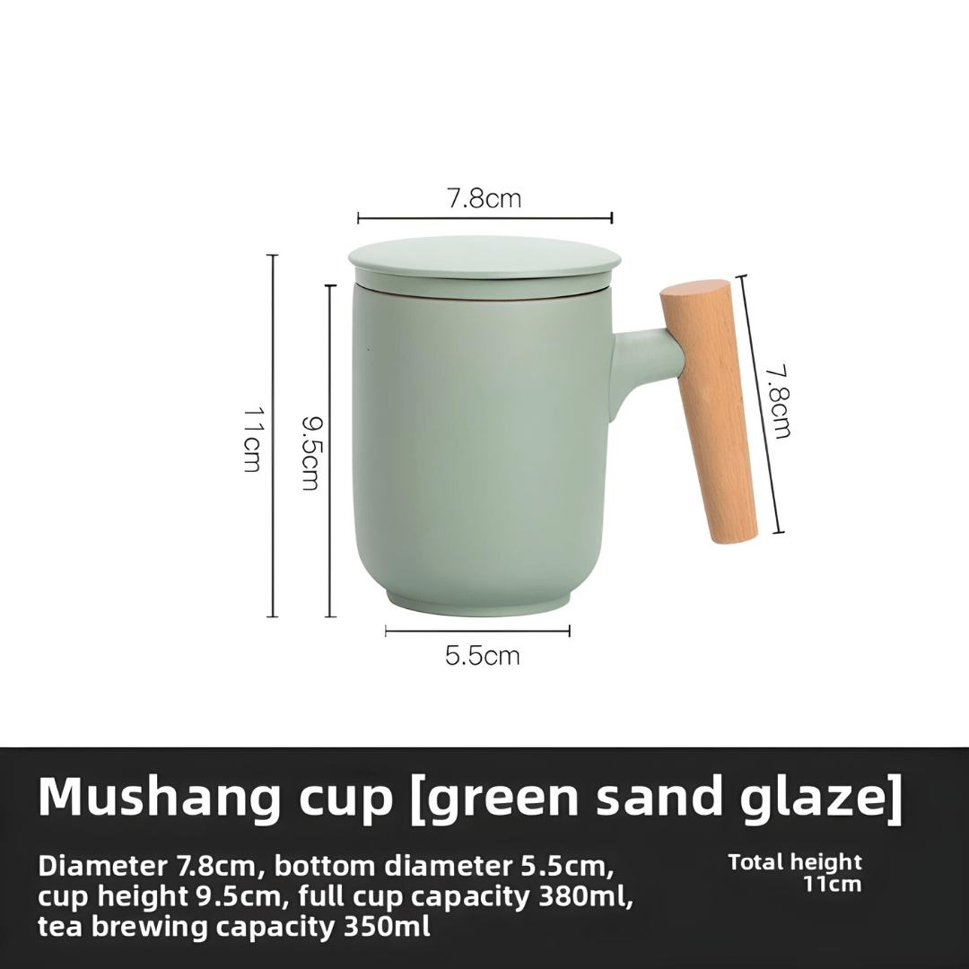 Ceramic Tea Mug with Infuser – 380ml Porcelain Cup with Wooden Handle (with Lid)