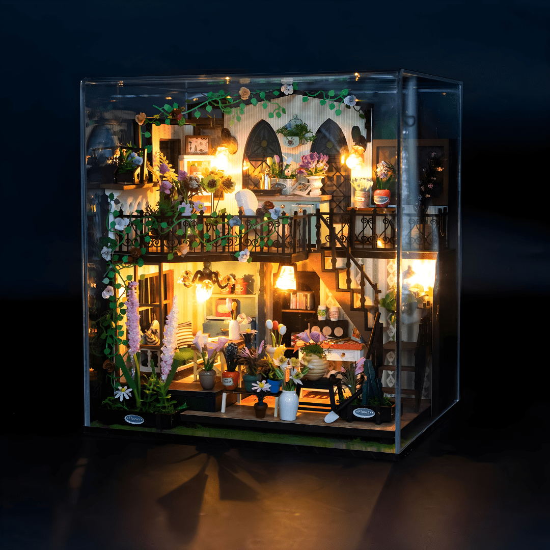 Darcy Flower House DIY Miniature with LED Lights, Music & Plexiglass Cover – 22×17×24cm