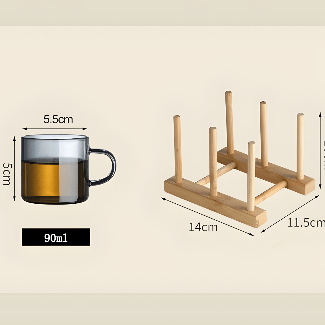 6-Piece Smoky Glass Cup Set with Wooden Stand – 90ml Espresso Cups