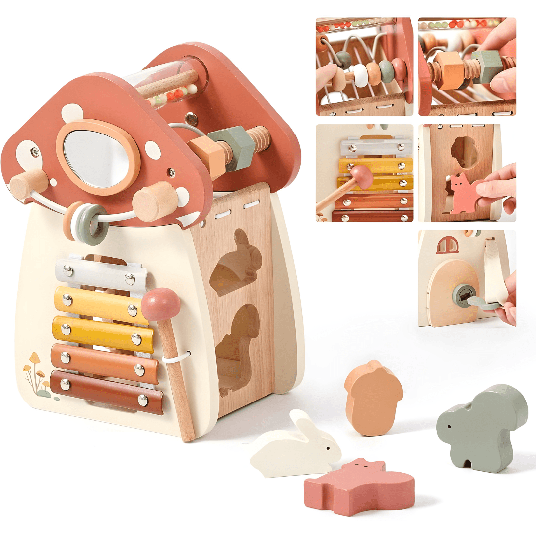 Wooden Mushroom House Activity Cube – 5-in-1 Montessori Busy Toy for Kids