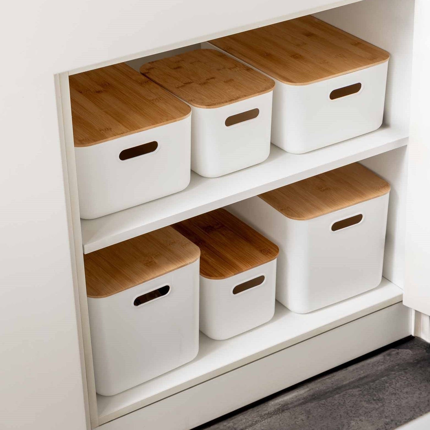 White Storage Tub W/ Bamboo Lid Set