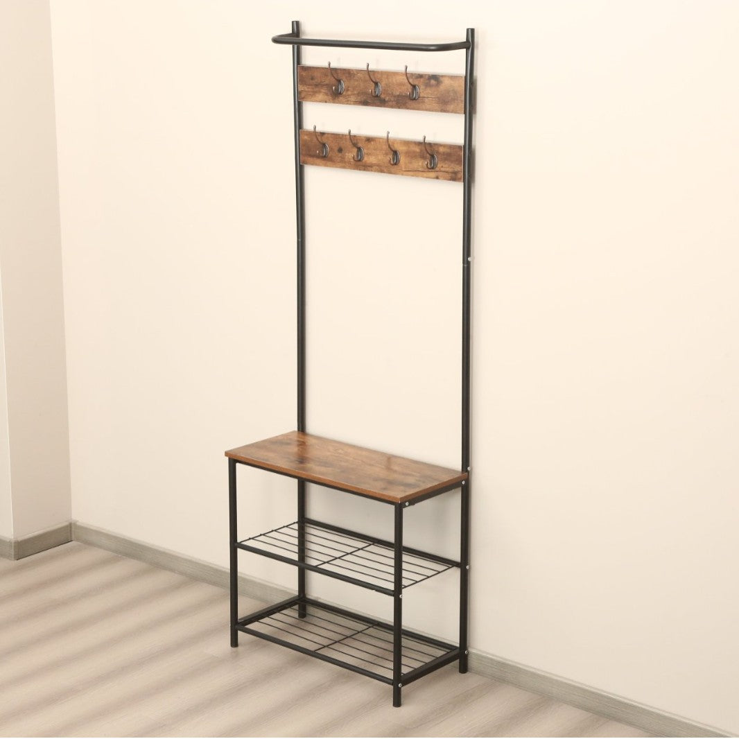 Entryway Shoe Bench with Coat Rack, Freestanding Wood Finish Hall Tree with Metal Storage Shelf No. YP-704 X1534