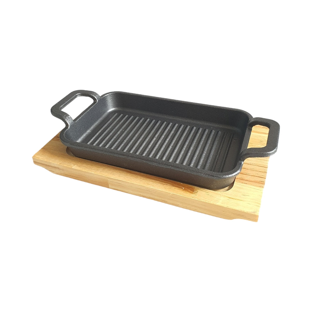 STEAK CAST IRON SIZZLER WITH WOOD BASE X306