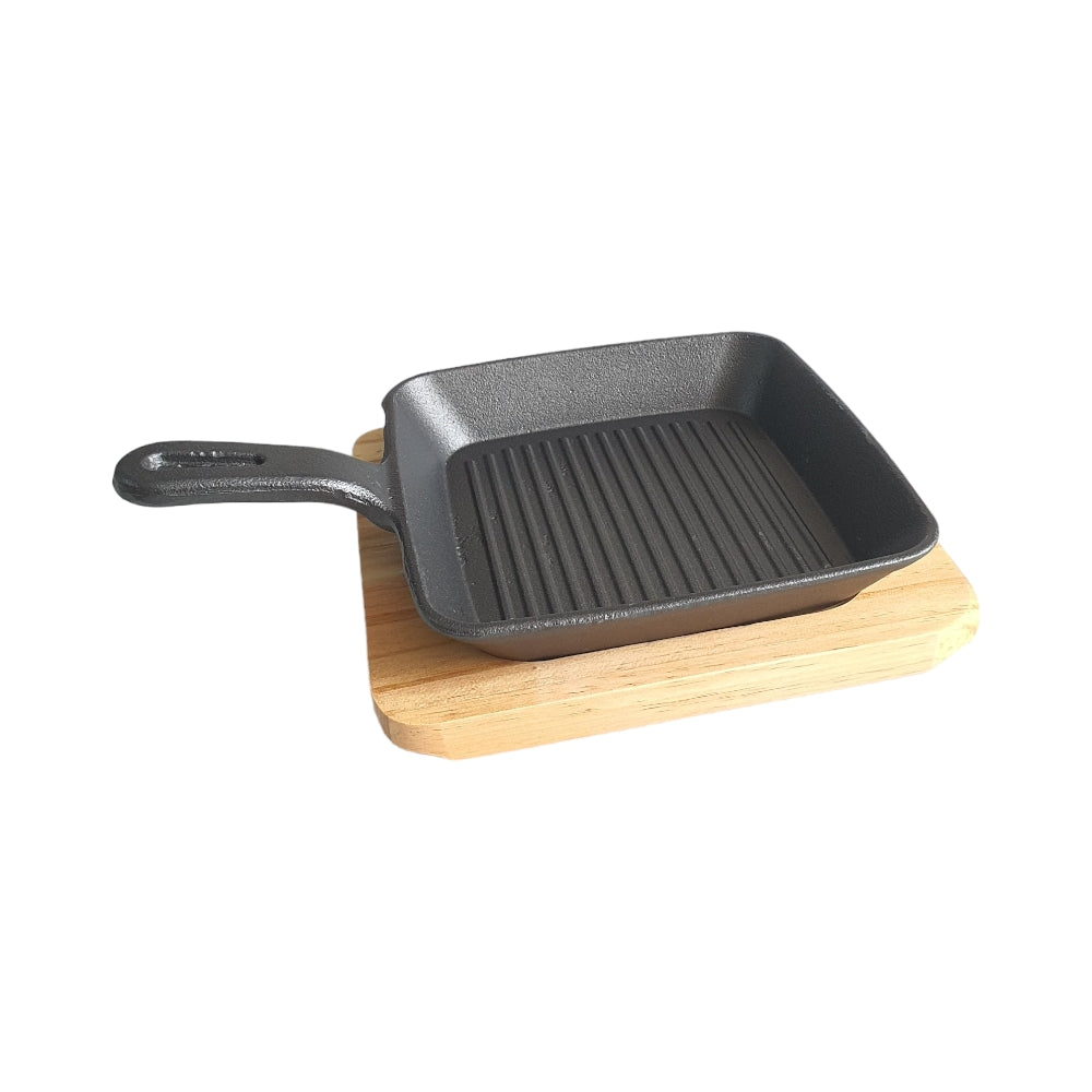 STEAK CAST IRON SIZZLER WITH WOOD BASE X311