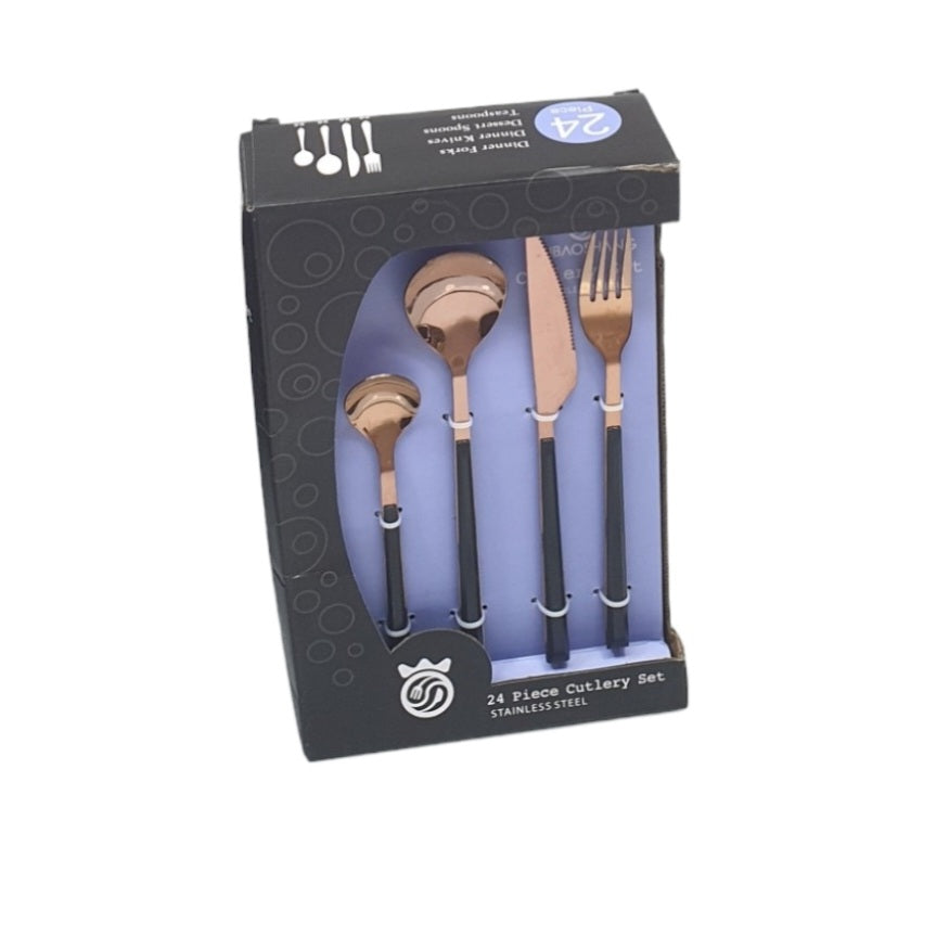24PCS ROSE GOLD CUTLERY SET BLACK HANDLE X451