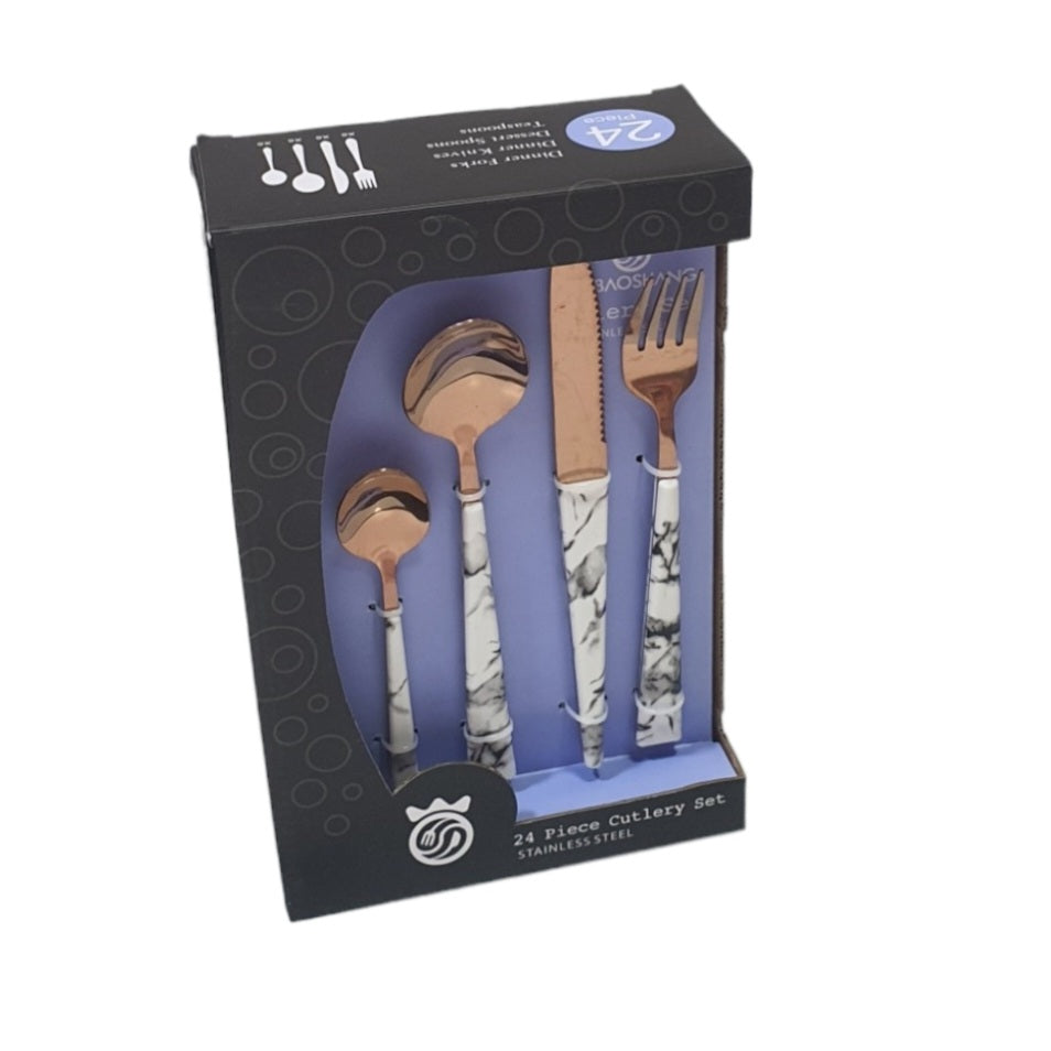 24PCS ROSE GOLD CUTLERY SET WHITE MARBLE HANDLE X455