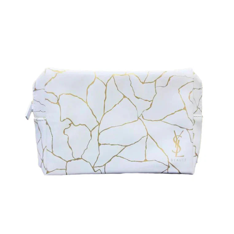 YSL BEAUTE - Makeup Bag Pouch with Zipper White with Gold Marble Design - Medaid International