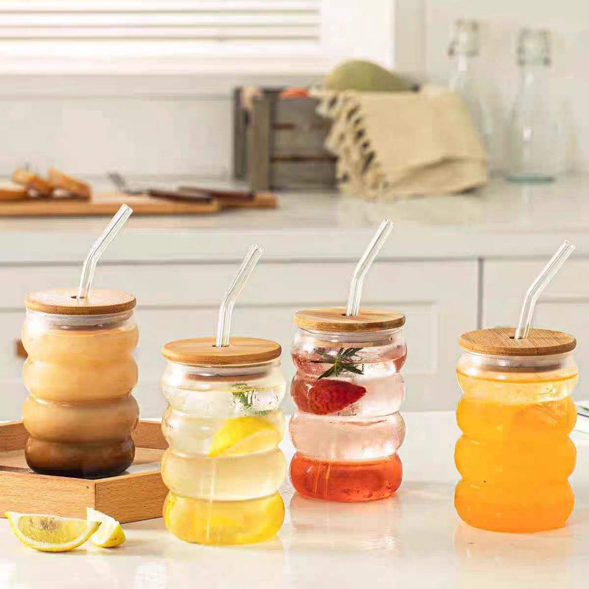 Matcha Wave Shaped Glass Tumblers Drinking with Lid and Straw – 350ml