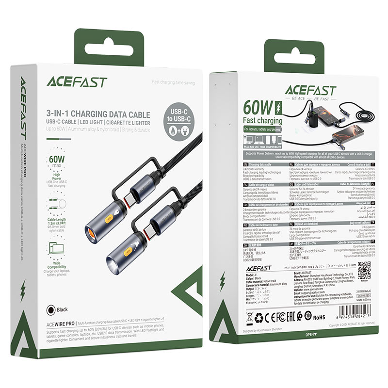 Acefast Charging Data Cable J4 USB-C LED Light Cigarette Lighter