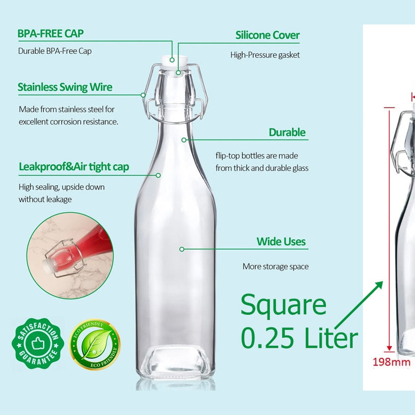 SquareGlass Bottle with Flip-top Airtight Lid 0.25 Liter