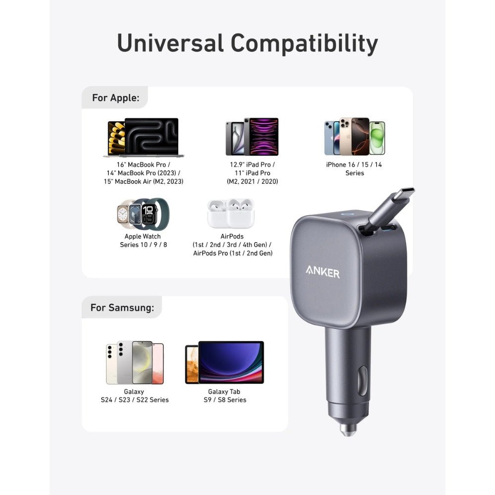 Anker USB-C Car Charger 75W Built-In Retractable Cable