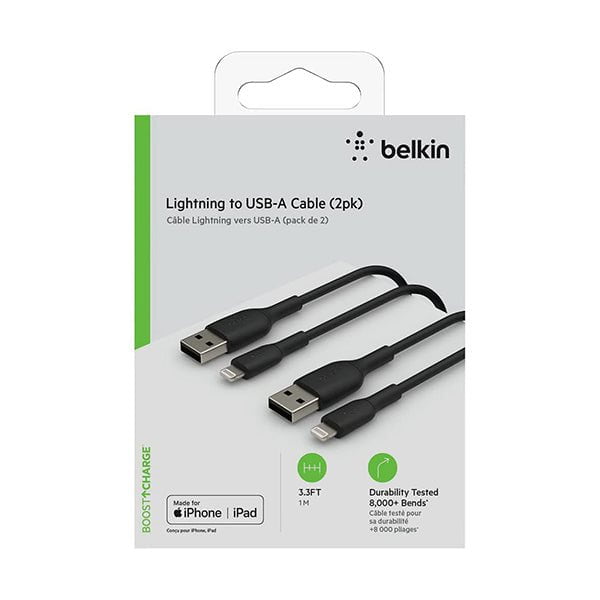 Belkin, CAA001BT1MBK2PK Lightning Cable (2 Pack) Boost Charge Lightning to USB Cable for iPhone, iPad, AirPods, MFi-Certified iPhone Charging Cable, 3.3ft/1m