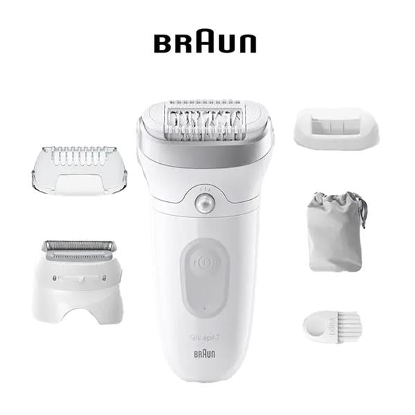 Braun Silk-épil 7 SE 7-041 Wet & Dry Epilator, Wide Head, Shaver & Trimmer Head, German Made, +4 Extras, Smart Light, 40 MicroGrip Tweezers, Rechargeable Hair Removal Device.