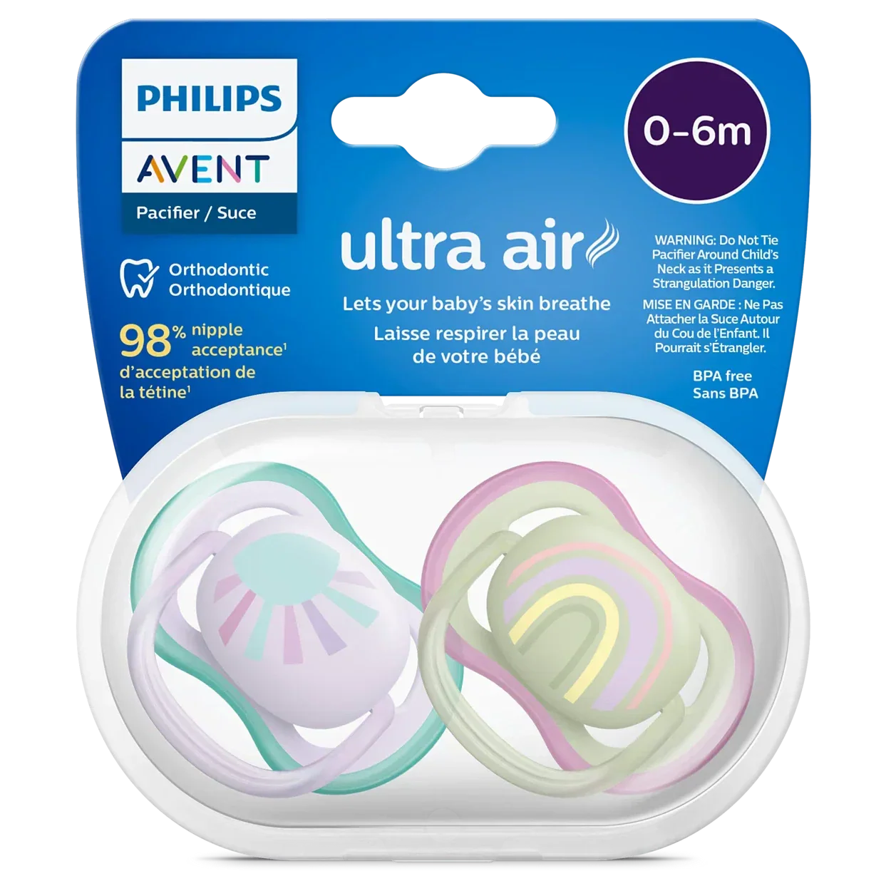 avent 2 ultra air design soothers rainbow 0-6m - girl 085/59