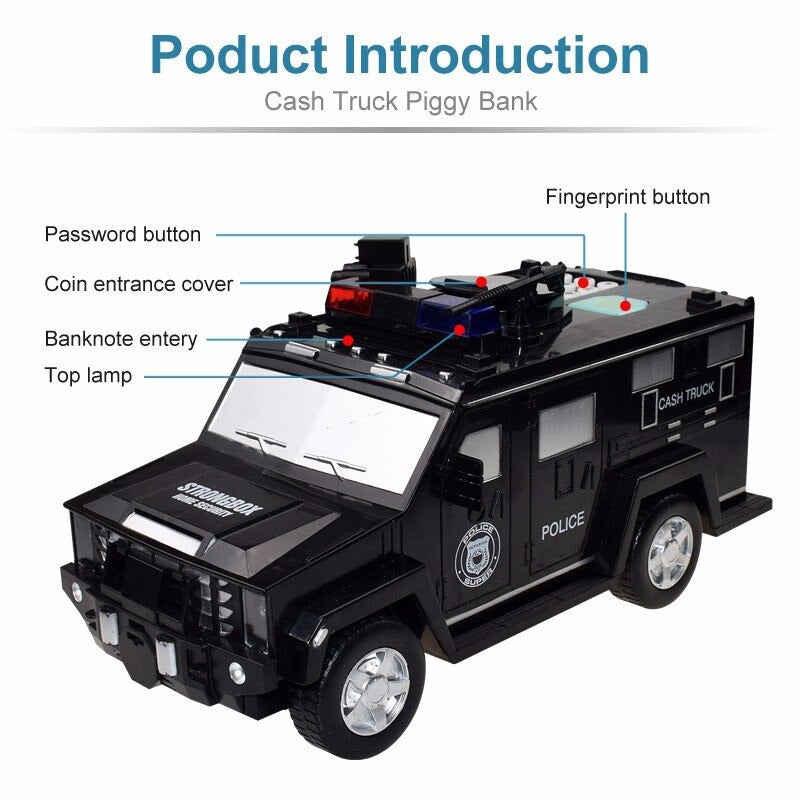 Safe Box For Kids Police Password Fingerprint Music & LED Coin Cash Color Black