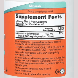 Now Magnesium Citrate Muscle Health & Constipation Relief 120 Vegetable Capsules