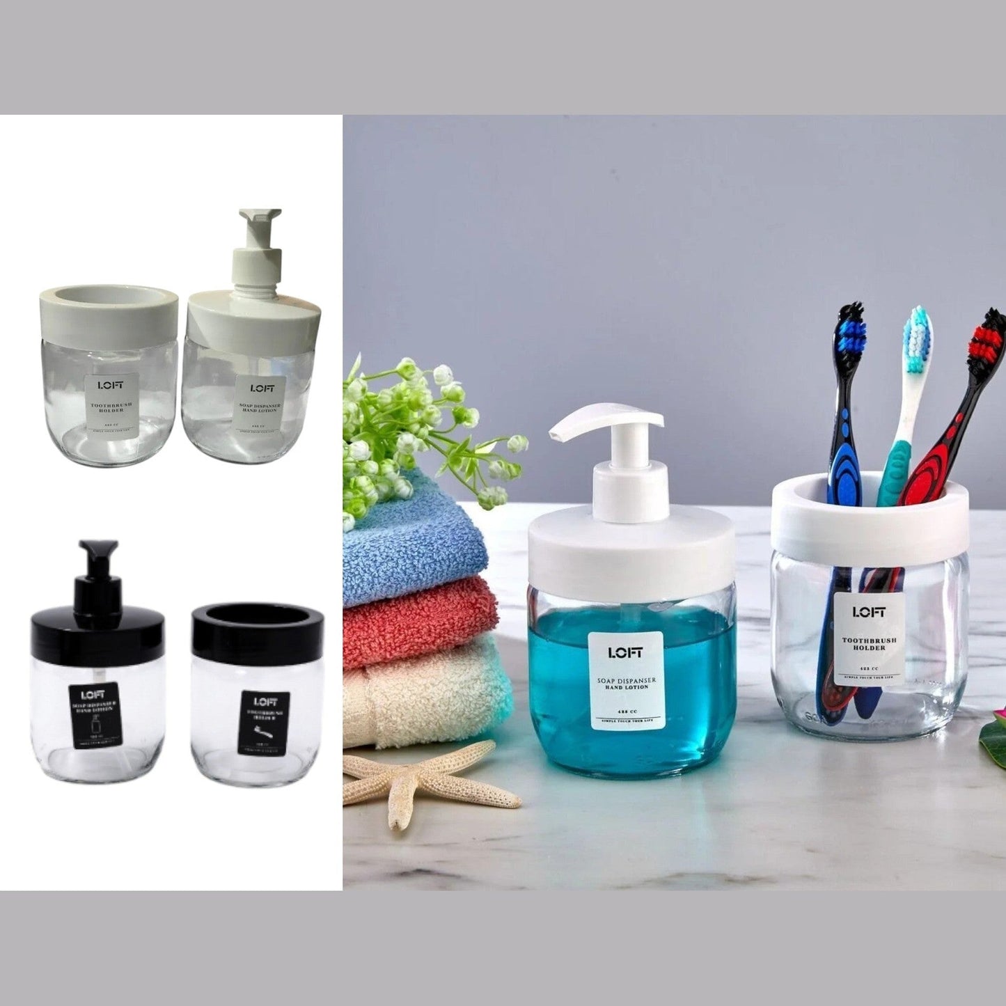 Glass Bathroom Soap Dispenser and Toothbrush Holder Set