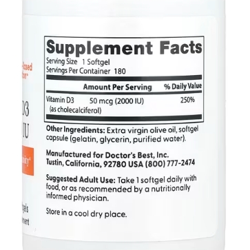 Doctor's Best, Vitamin D3, 50 mcg (2,000 IU), 180 Softgels