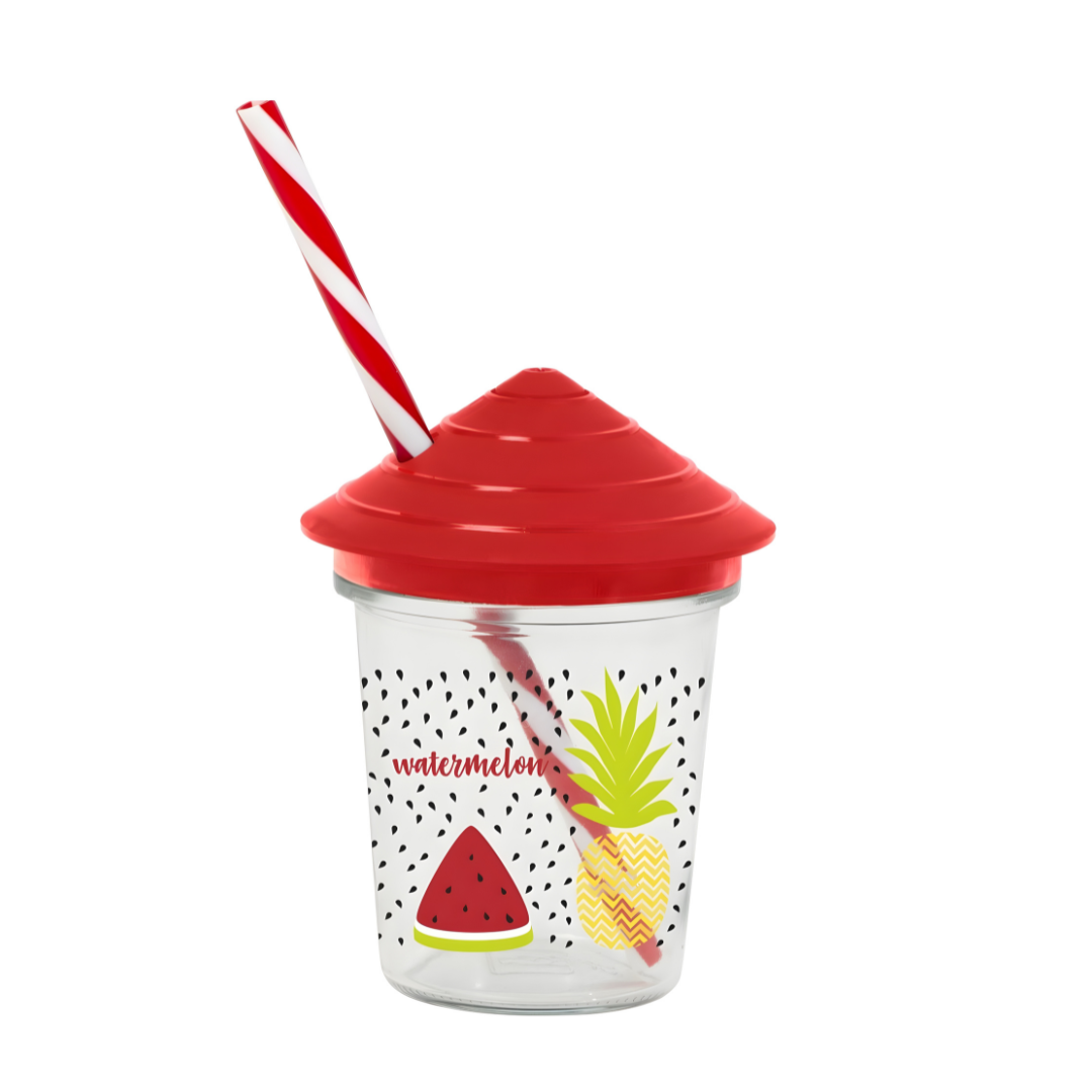 Patterned Glass Cup with Straw – 320ml Watermelon Edition